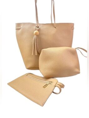 3 Bag Tan Tote Set with Tassel Accent